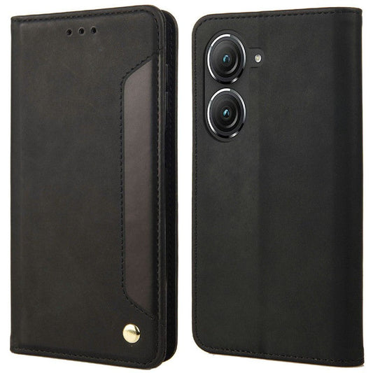 For Asus Zenfone 9 5G Anti-drop Splicing Phone Case PU Leather Magnetic Auto-absorbed Skin-touch Feeling Phone Wallet Cover with Stand - Black