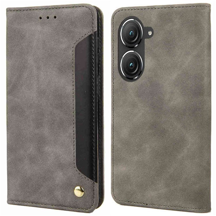 For Asus Zenfone 9 5G Anti-drop Splicing Phone Case PU Leather Magnetic Auto-absorbed Skin-touch Feeling Phone Wallet Cover with Stand - Grey