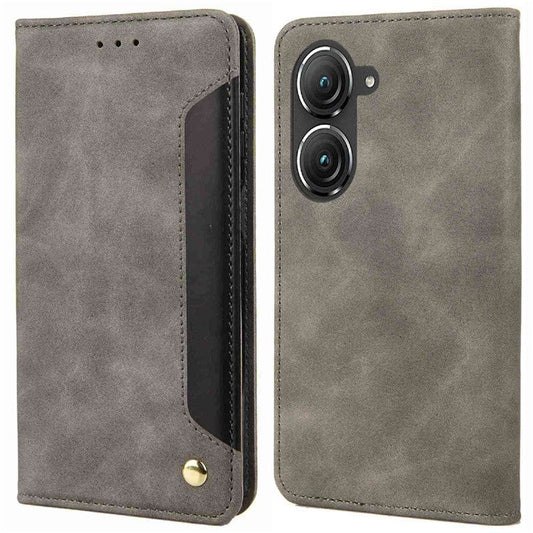 For Asus Zenfone 9 5G Anti-drop Splicing Phone Case PU Leather Magnetic Auto-absorbed Skin-touch Feeling Phone Wallet Cover with Stand - Grey