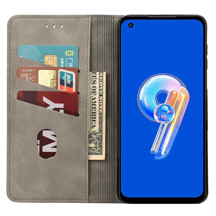 For Asus Zenfone 9 5G Anti-drop Splicing Phone Case PU Leather Magnetic Auto-absorbed Skin-touch Feeling Phone Wallet Cover with Stand - Grey