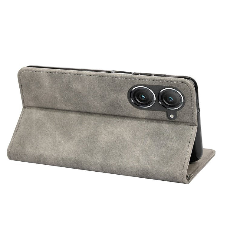 For Asus Zenfone 9 5G Anti-drop Splicing Phone Case PU Leather Magnetic Auto-absorbed Skin-touch Feeling Phone Wallet Cover with Stand - Grey