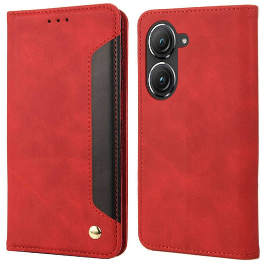For Asus Zenfone 9 5G Anti-drop Splicing Phone Case PU Leather Magnetic Auto-absorbed Skin-touch Feeling Phone Wallet Cover with Stand - Red
