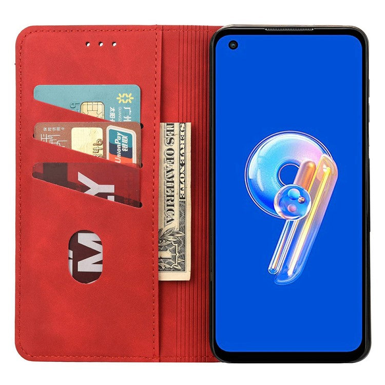 For Asus Zenfone 9 5G Anti-drop Splicing Phone Case PU Leather Magnetic Auto-absorbed Skin-touch Feeling Phone Wallet Cover with Stand - Red