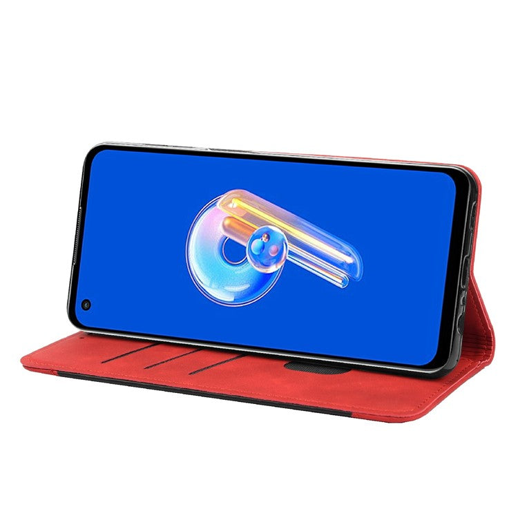 For Asus Zenfone 9 5G Anti-drop Splicing Phone Case PU Leather Magnetic Auto-absorbed Skin-touch Feeling Phone Wallet Cover with Stand - Red