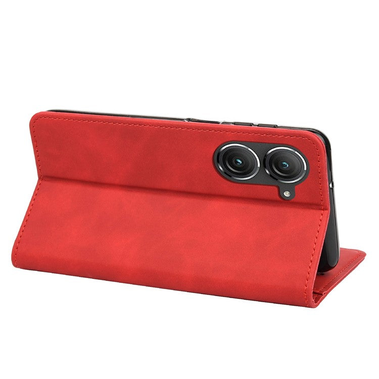For Asus Zenfone 9 5G Anti-drop Splicing Phone Case PU Leather Magnetic Auto-absorbed Skin-touch Feeling Phone Wallet Cover with Stand - Red