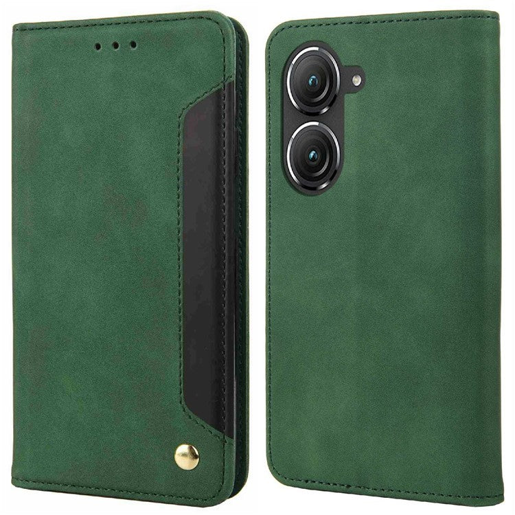 For Asus Zenfone 9 5G Anti-drop Splicing Phone Case PU Leather Magnetic Auto-absorbed Skin-touch Feeling Phone Wallet Cover with Stand - Green