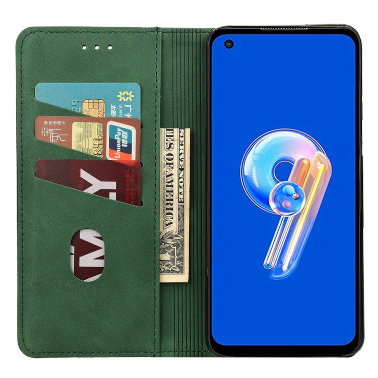 For Asus Zenfone 9 5G Anti-drop Splicing Phone Case PU Leather Magnetic Auto-absorbed Skin-touch Feeling Phone Wallet Cover with Stand - Green