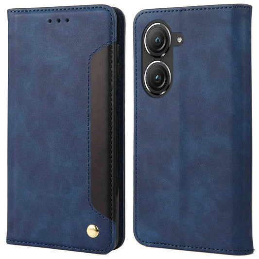 For Asus Zenfone 9 5G Anti-drop Splicing Phone Case PU Leather Magnetic Auto-absorbed Skin-touch Feeling Phone Wallet Cover with Stand - Blue