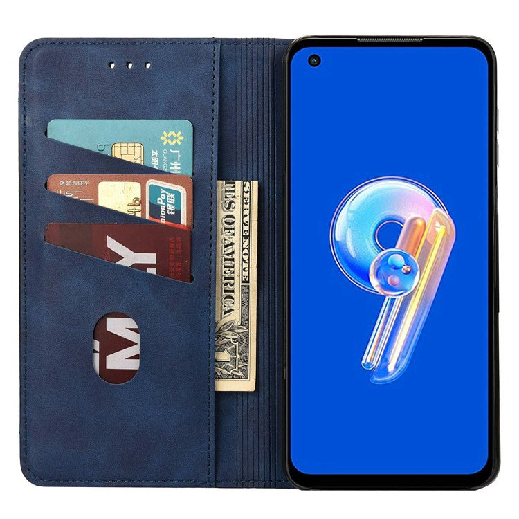 For Asus Zenfone 9 5G Anti-drop Splicing Phone Case PU Leather Magnetic Auto-absorbed Skin-touch Feeling Phone Wallet Cover with Stand - Blue