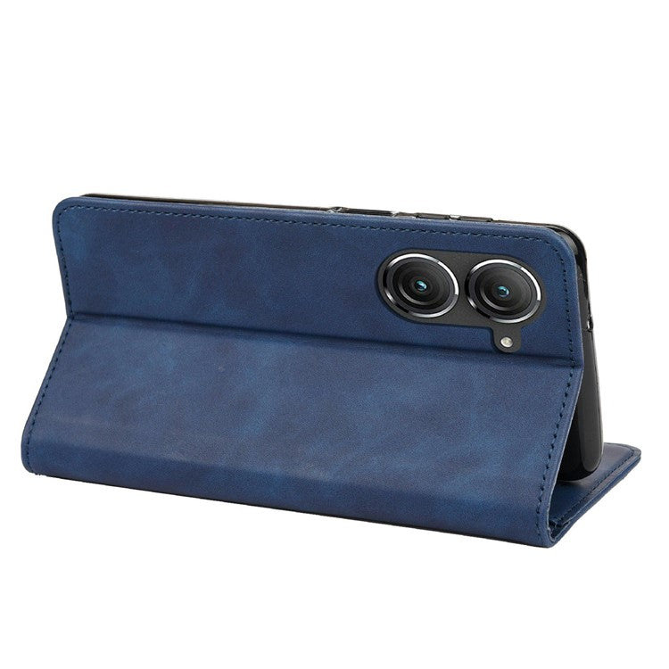 For Asus Zenfone 9 5G Anti-drop Splicing Phone Case PU Leather Magnetic Auto-absorbed Skin-touch Feeling Phone Wallet Cover with Stand - Blue