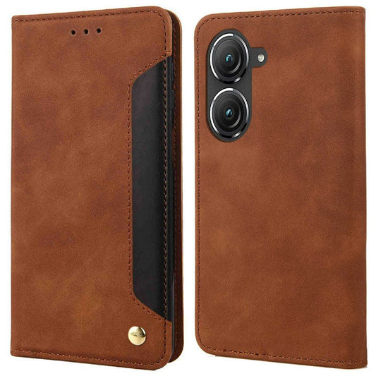 For Asus Zenfone 9 5G Anti-drop Splicing Phone Case PU Leather Magnetic Auto-absorbed Skin-touch Feeling Phone Wallet Cover with Stand - Brown