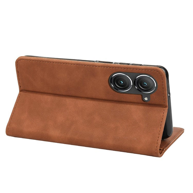 For Asus Zenfone 9 5G Anti-drop Splicing Phone Case PU Leather Magnetic Auto-absorbed Skin-touch Feeling Phone Wallet Cover with Stand - Brown