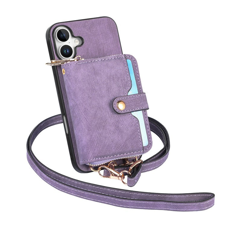 For iPhone 16 Case Zipper Card Holder PU Leather Phone Back Cover with Long Strap - Purple