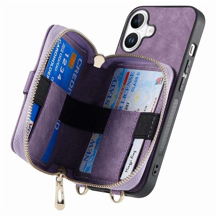 For iPhone 16 Case Zipper Card Holder PU Leather Phone Back Cover with Long Strap - Purple