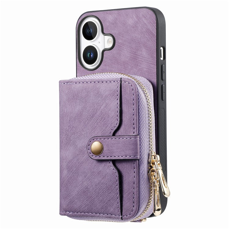 For iPhone 16 Case Zipper Card Holder PU Leather Phone Back Cover with Long Strap - Purple