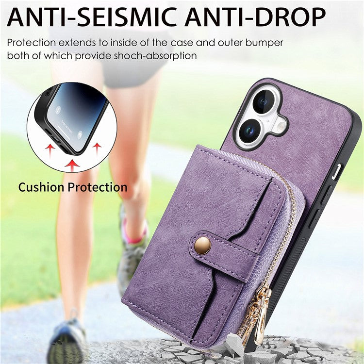 For iPhone 16 Case Zipper Card Holder PU Leather Phone Back Cover with Long Strap - Purple