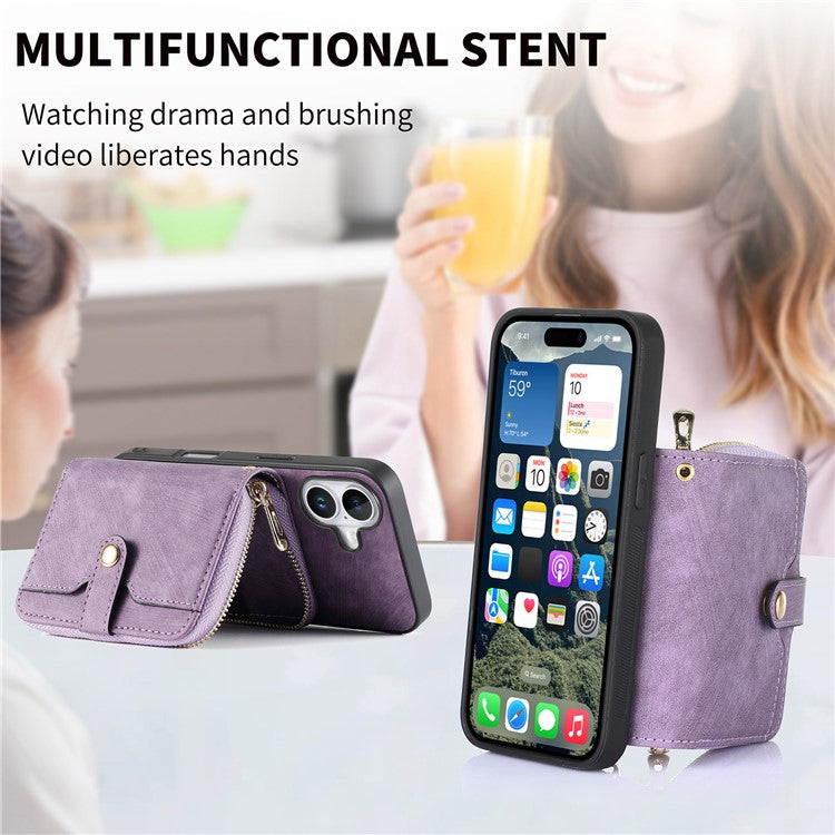 For iPhone 16 Case Zipper Card Holder PU Leather Phone Back Cover with Long Strap - Purple