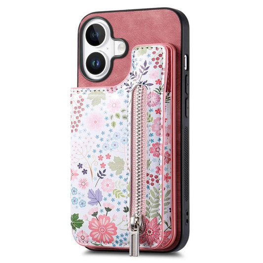 D10 For iPhone 16 Plus Case Pattern Kickstand Wallet Leather+TPU Phone Cover RFID Blocking - Pink