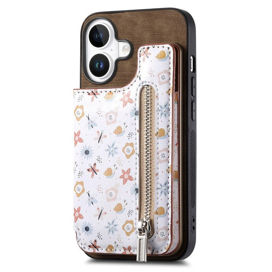 D10 For iPhone 16 Plus Case Pattern Kickstand Wallet Leather+TPU Phone Cover RFID Blocking - Brown