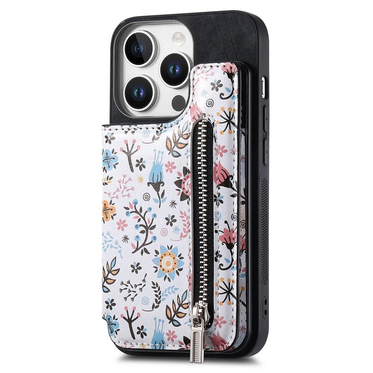 D10 For iPhone 16 Pro Case Pattern Kickstand Wallet Leather+TPU Phone Cover RFID Blocking - Black