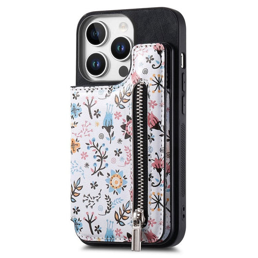 D10 For iPhone 16 Pro Case Pattern Kickstand Wallet Leather+TPU Phone Cover RFID Blocking - Black