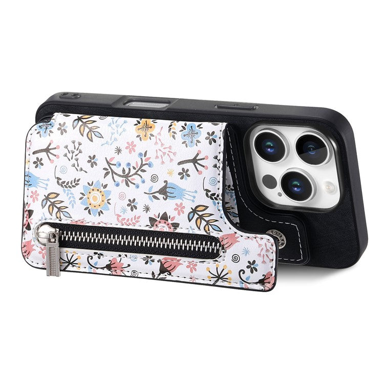 D10 For iPhone 16 Pro Case Pattern Kickstand Wallet Leather+TPU Phone Cover RFID Blocking - Black