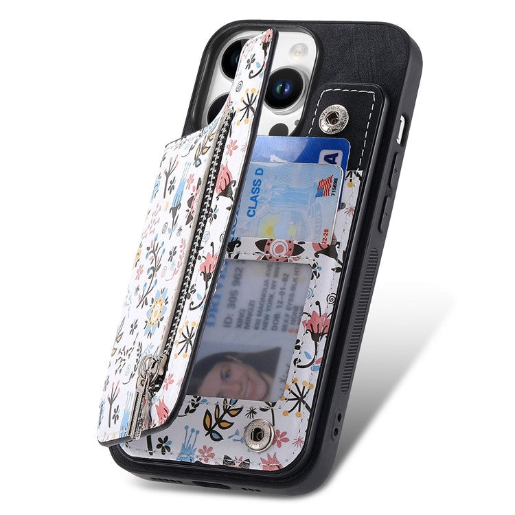 D10 For iPhone 16 Pro Case Pattern Kickstand Wallet Leather+TPU Phone Cover RFID Blocking - Black