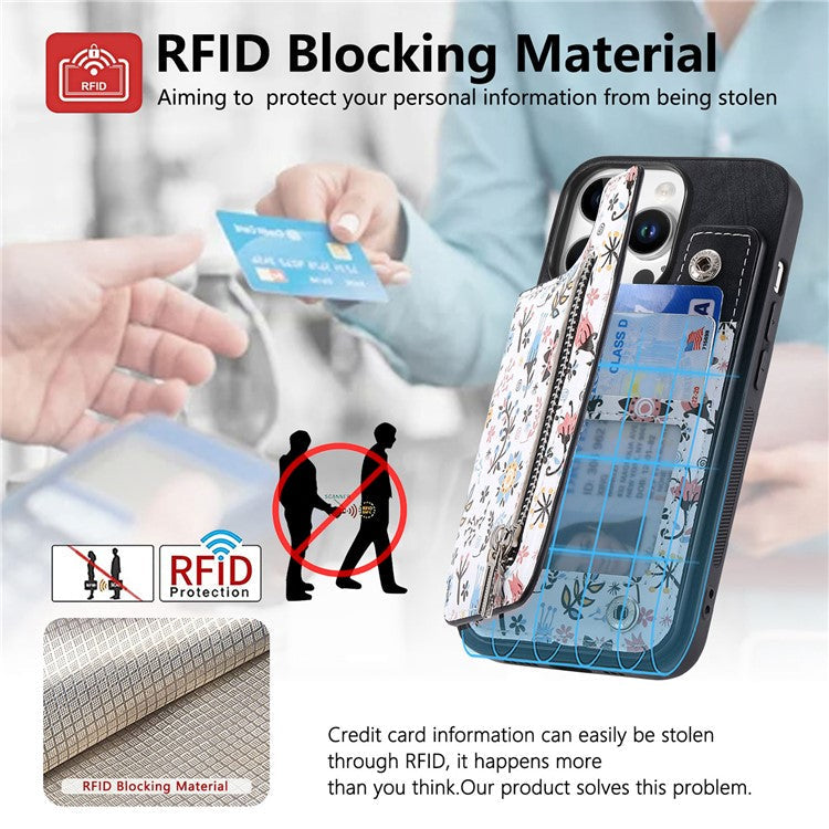 D10 For iPhone 16 Pro Case Pattern Kickstand Wallet Leather+TPU Phone Cover RFID Blocking - Black
