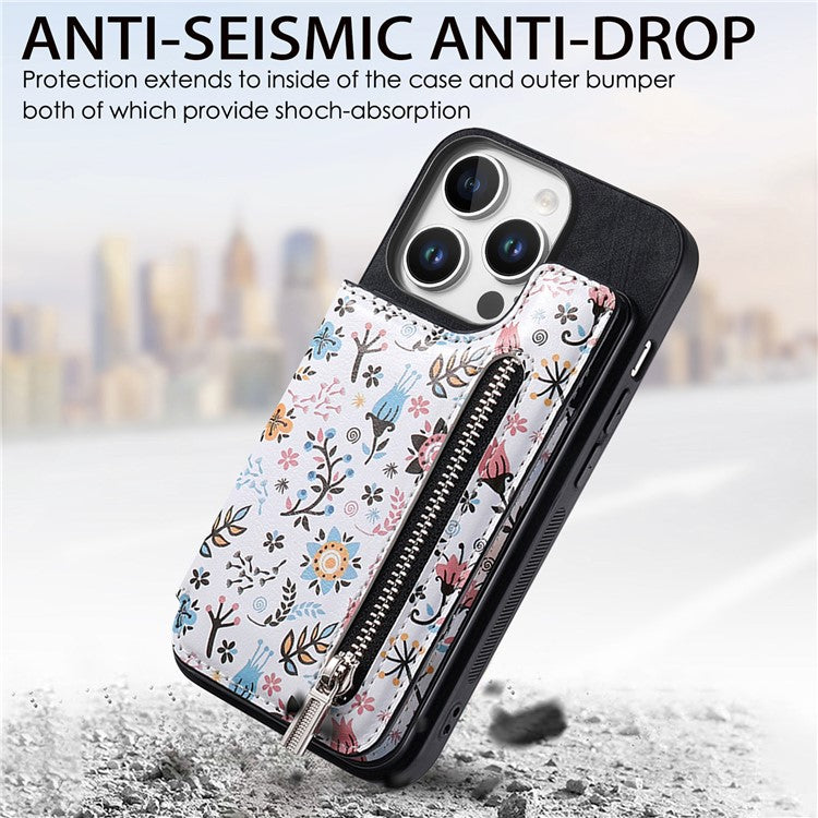 D10 For iPhone 16 Pro Case Pattern Kickstand Wallet Leather+TPU Phone Cover RFID Blocking - Black