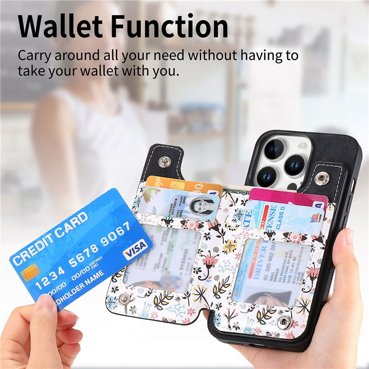 D10 For iPhone 16 Pro Case Pattern Kickstand Wallet Leather+TPU Phone Cover RFID Blocking - Black