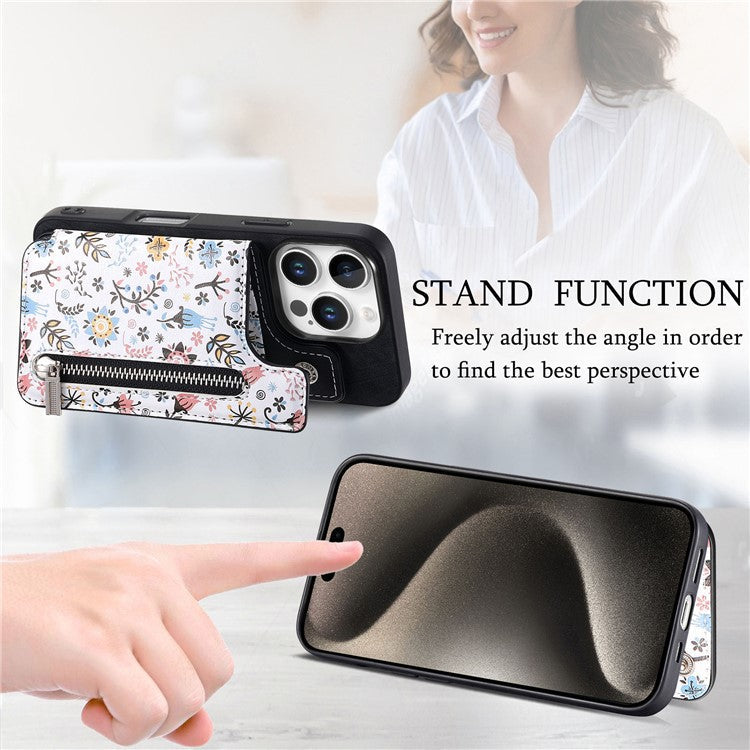 D10 For iPhone 16 Pro Case Pattern Kickstand Wallet Leather+TPU Phone Cover RFID Blocking - Black