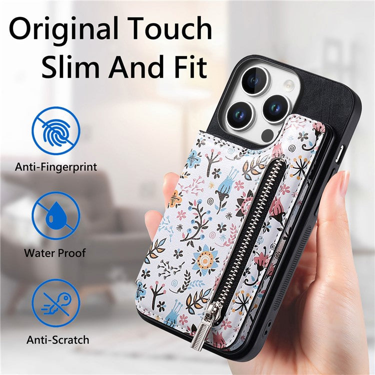 D10 For iPhone 16 Pro Case Pattern Kickstand Wallet Leather+TPU Phone Cover RFID Blocking - Black