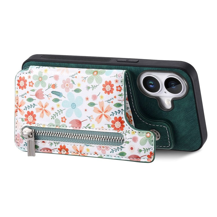 D10 For iPhone 16 Case Pattern Kickstand Wallet Leather+TPU Phone Cover RFID Blocking - Green
