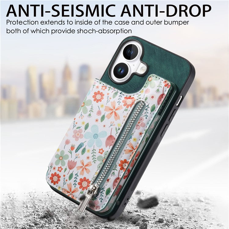 D10 For iPhone 16 Case Pattern Kickstand Wallet Leather+TPU Phone Cover RFID Blocking - Green