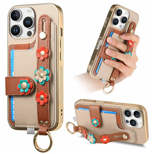 W2 For iPhone 16 Pro Case Card Holder Leather Back Cover 3D Flower Wristband - Khaki