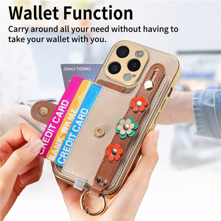 W2 For iPhone 16 Pro Case Card Holder Leather Back Cover 3D Flower Wristband - Khaki