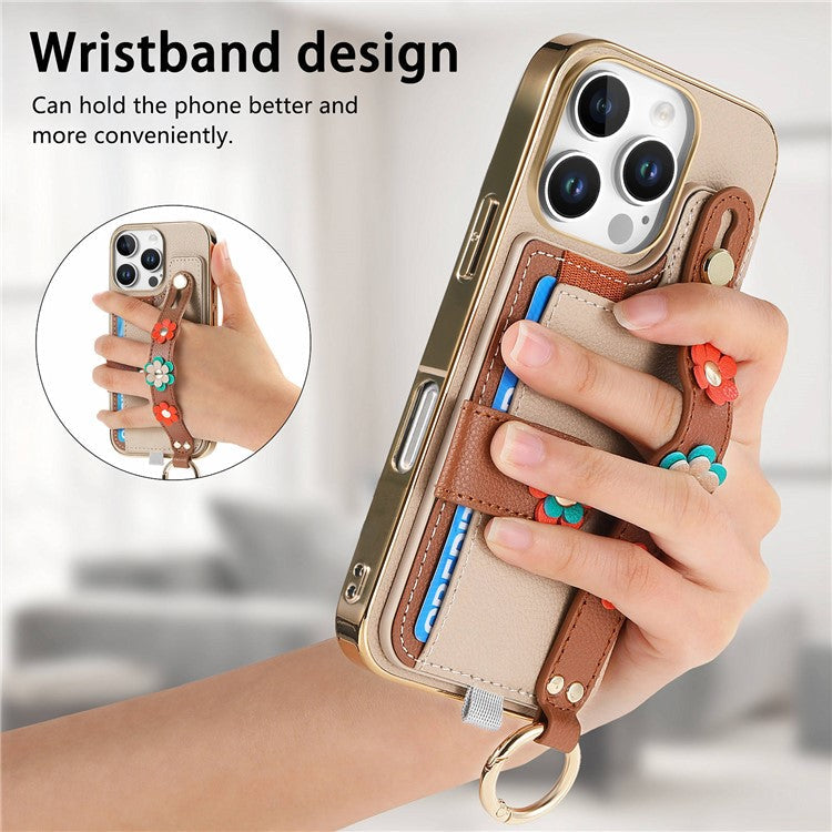 W2 For iPhone 16 Pro Case Card Holder Leather Back Cover 3D Flower Wristband - Khaki