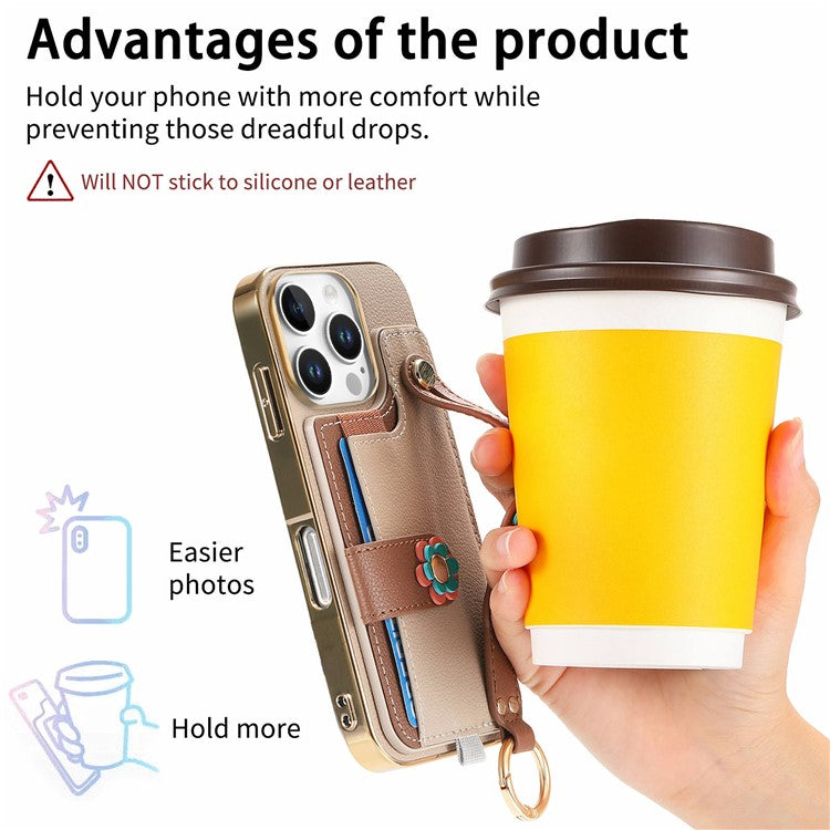 W2 For iPhone 16 Pro Case Card Holder Leather Back Cover 3D Flower Wristband - Khaki