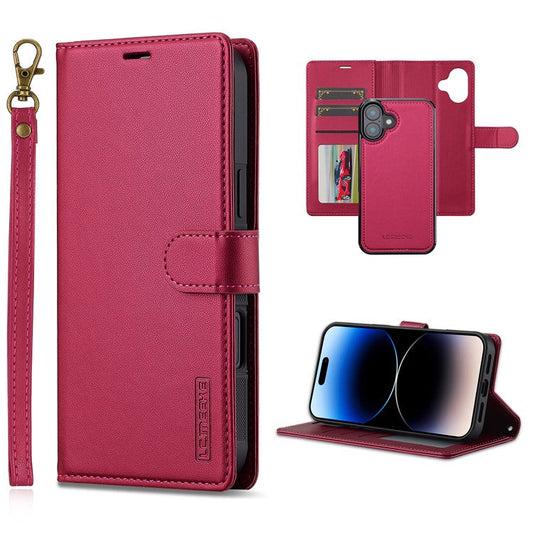 LC.IMEEKE L2 Series for iPhone 16 Plus Case PU Leather Wallet Detachable Magnetic Phone Cover - Red