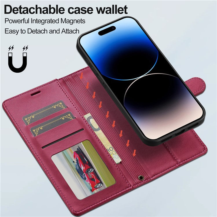 LC.IMEEKE L2 Series for iPhone 16 Plus Case PU Leather Wallet Detachable Magnetic Phone Cover - Red