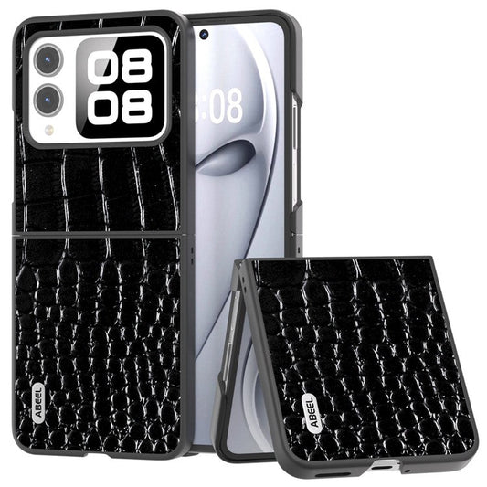 ABEEL For Huawei nova Flip 5G Case Genuine Cow Leather Back Phone Cover Crocodile Texture - Black