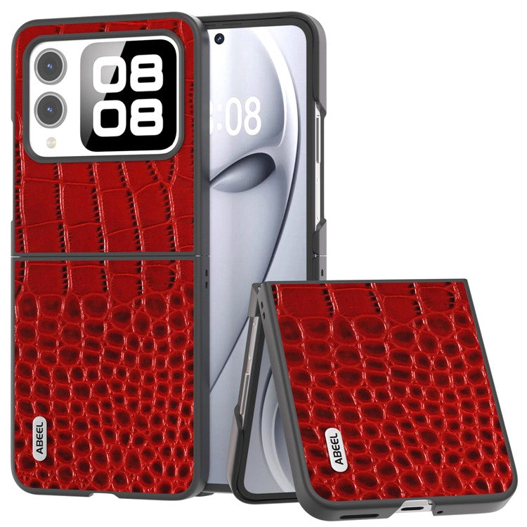 ABEEL For Huawei nova Flip 5G Case Genuine Cow Leather Back Phone Cover Crocodile Texture - Red