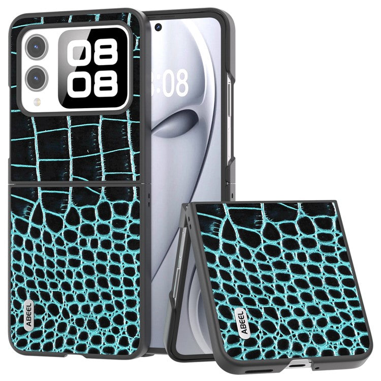 ABEEL For Huawei nova Flip 5G Case Genuine Cow Leather Back Phone Cover Crocodile Texture - Midnight Green