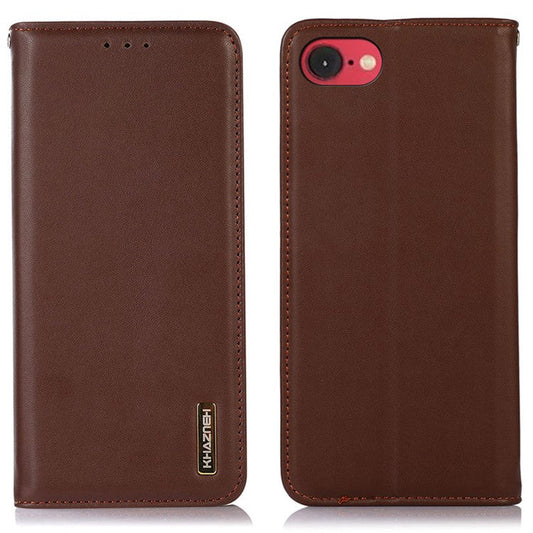 KHAZNEH For iPhone 16e Case Genuine Cow Leather Wallet Phone Cover Nappa Texture - Brown