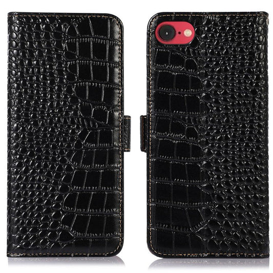 For iPhone 16e Case Crocodile Texture Genuine Cow Leather Phone Wallet Cover - Black
