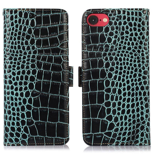For iPhone 16e Case Crocodile Texture Genuine Cow Leather Phone Wallet Cover - Green