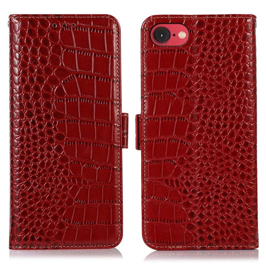 For iPhone 16e Case Crocodile Texture Genuine Cow Leather Phone Wallet Cover - Red
