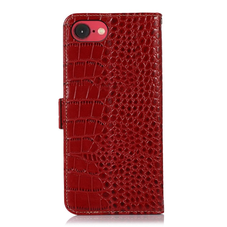 For iPhone 16e Case Crocodile Texture Genuine Cow Leather Phone Wallet Cover - Red