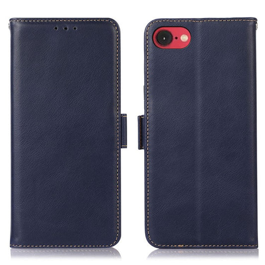 For iPhone 16e Case RFID Blocking Genuine Cow Leather Wallet Phone Cover - Blue
