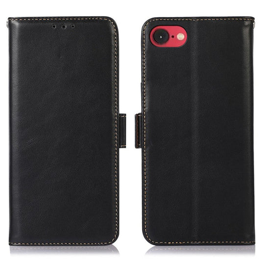 For iPhone 16e Case RFID Blocking Genuine Cow Leather Wallet Phone Cover - Black